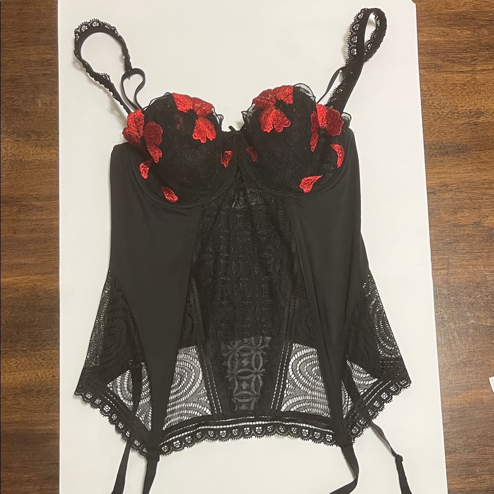 Vintage Barbara Paris Black and Red Lace Bustier Garter Belts 34B